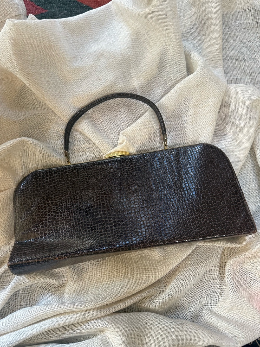 Vintage Dark Brown Croc-Embossed Top-Handle Bag